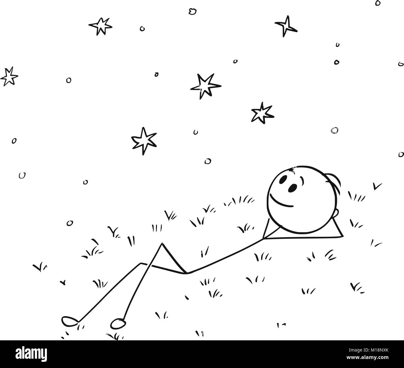 Cartoon concettuale dell'uomo o ragazzo sognatore guardando stelle Illustrazione Vettoriale
