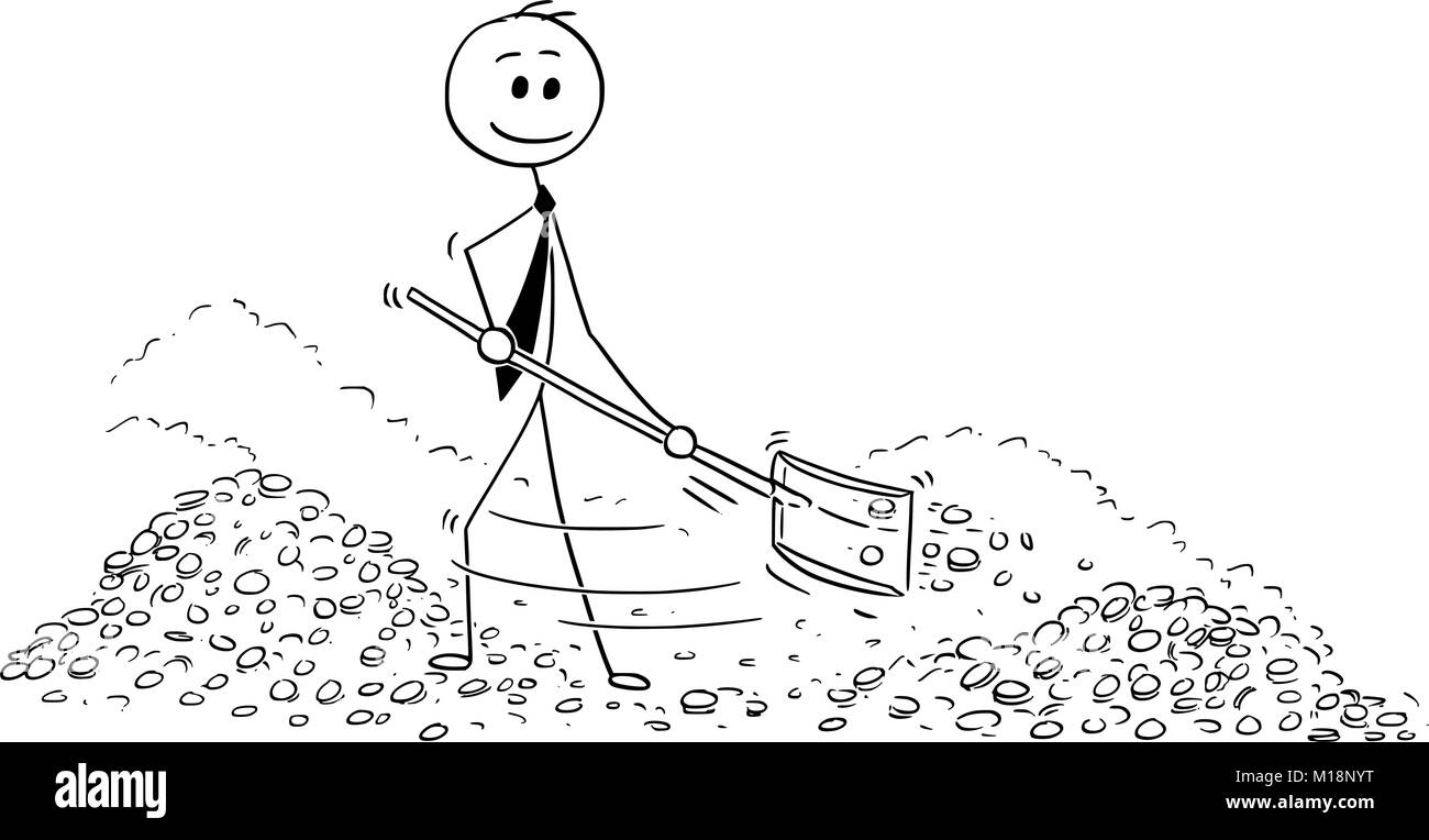 Cartoon concettuale del ricco imprenditore pala Gold denaro all'interno del Vault Illustrazione Vettoriale