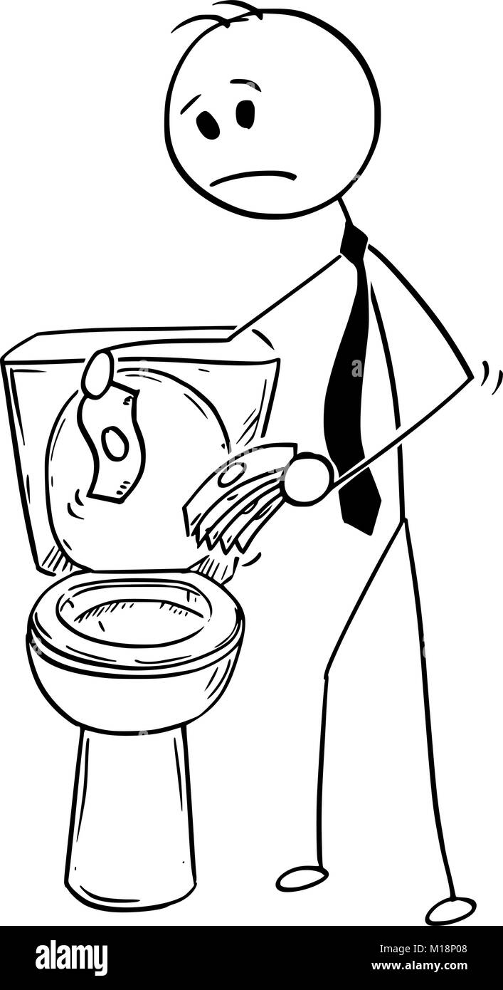 Cartoon di imprenditore Trowing denaro in per wc, Bad Concetto di investimento Illustrazione Vettoriale