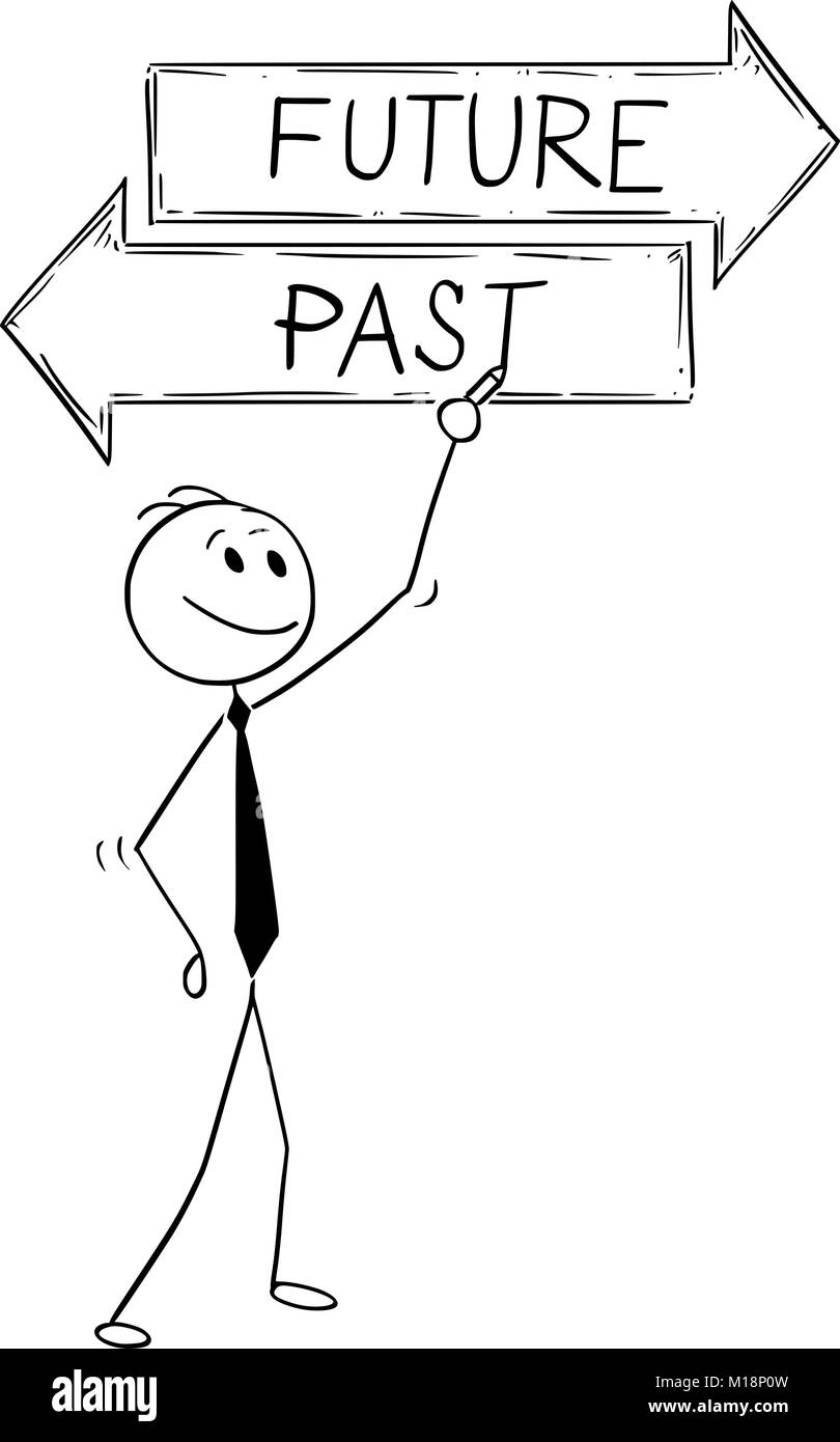 Cartoon di imprenditore iscritto sul futuro e passato il testo della decisione segno di freccia Illustrazione Vettoriale