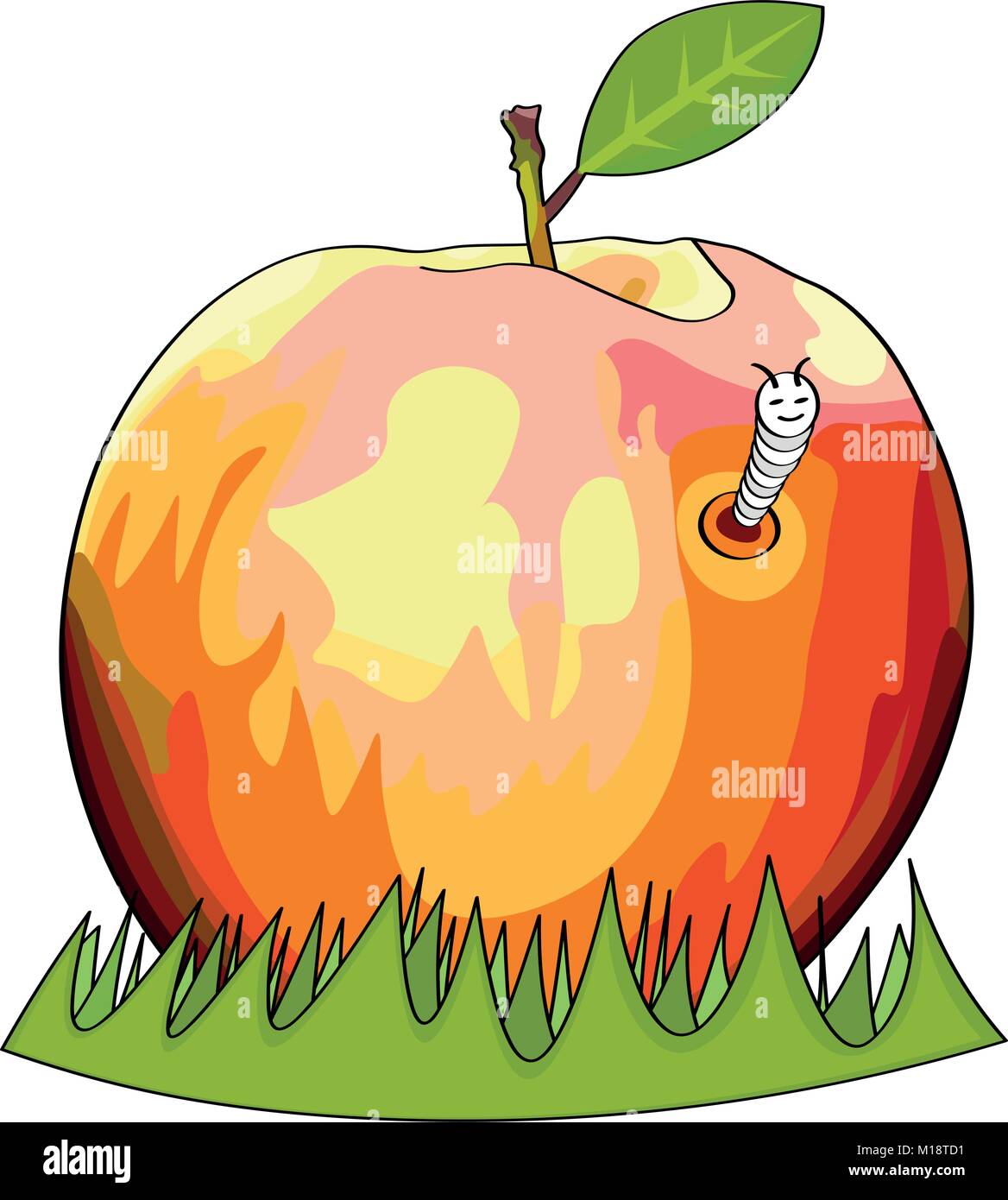 Illustrazione Vettoriale - colorata apple depositatisi in erba e ha un worm visitatore che cerca un sorridente Illustrazione Vettoriale
