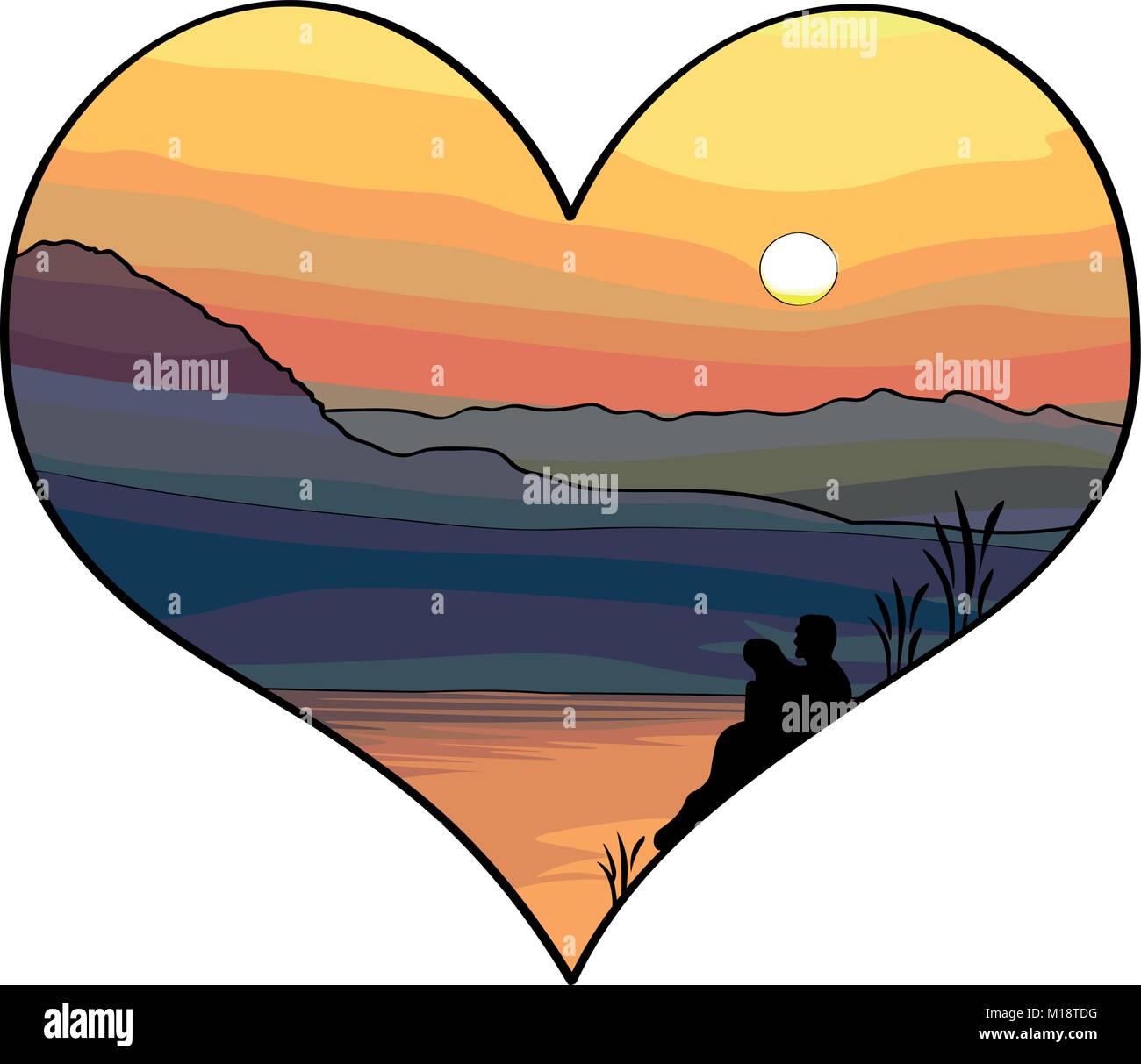 Illustrazione Vettoriale - Concetto di amore, matura in amore guardando il tramonto sul mare e sulle montagne, immagine in forma suola Illustrazione Vettoriale