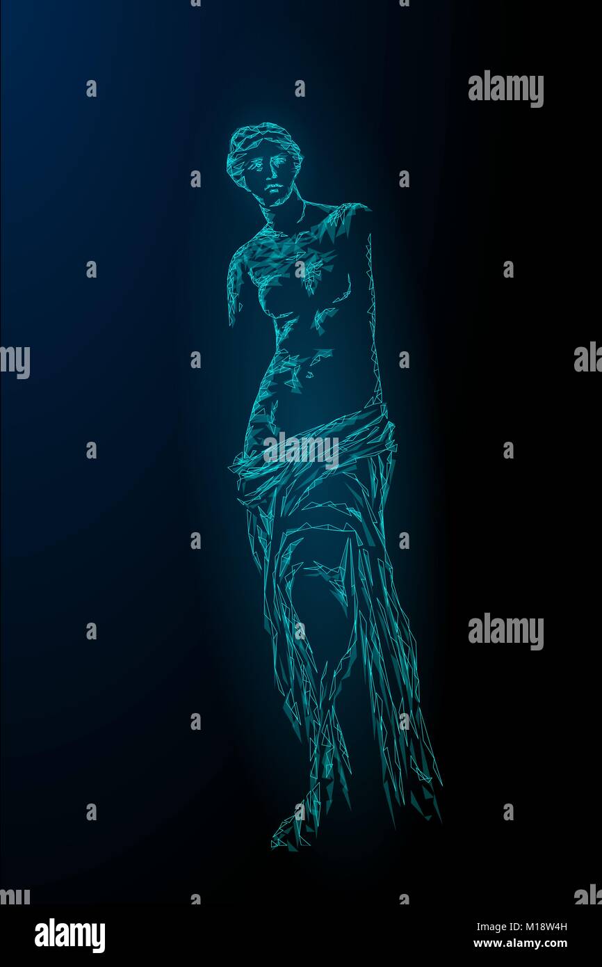 Aphrodite di Milos Venere di Milo antica statua greca bassa poli arte moderna. Triangolo poligonale della linea punto sfondo blu scuro museo modello poster illustrazione vettoriale Illustrazione Vettoriale