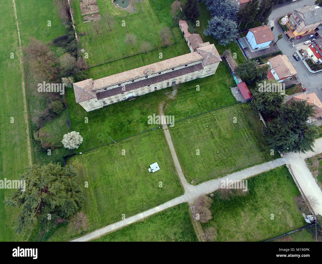 Vista aerea del palazzo ducale di Rivalta, Reggio Emilia, Italia Foto Stock