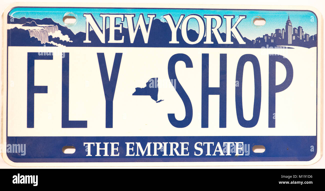 New York vanity piastra licenza pubblicità 'Fly Shop' - un negozio di pesca a mosca nelle Montagne Adirondack. Foto Stock