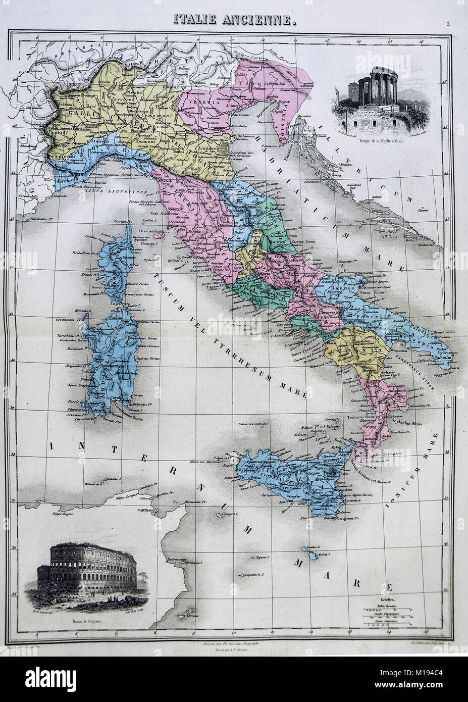 1877 Migeon mappa - Italia Antica durante il periodo romano con vignette del Colosseo e il Tempio di Vesta a Tivoli Foto Stock