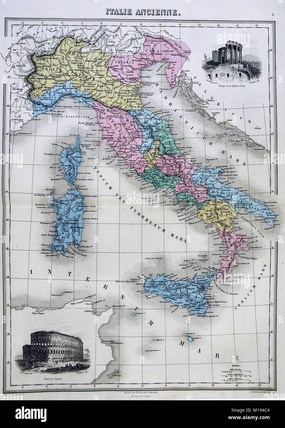 1877 Migeon mappa - Italia Antica durante il periodo romano con vignette  del Colosseo e il Tempio di Vesta a Tivoli Foto stock - Alamy