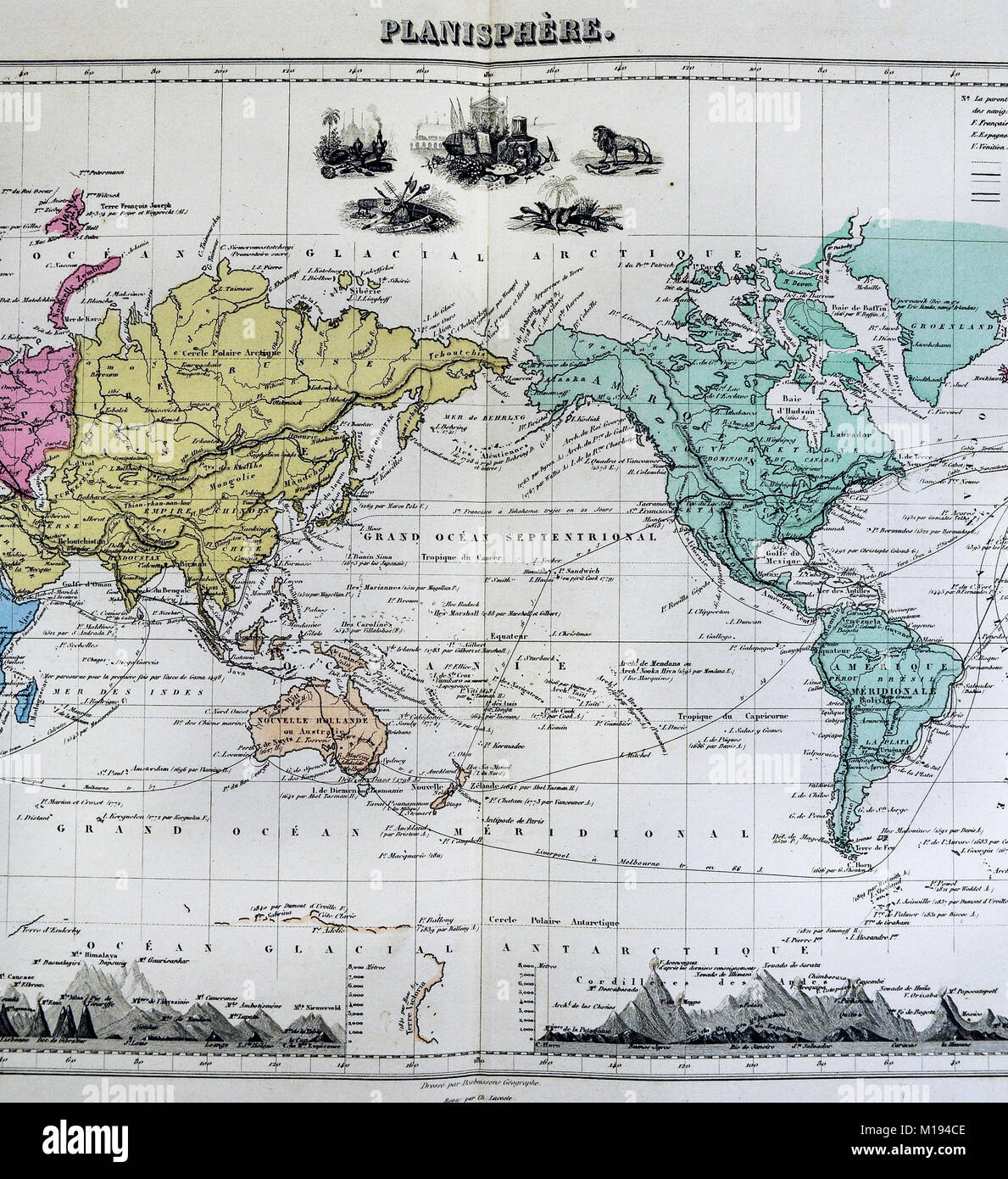 1877 Migeon Mappa - Mondo planisfero - est-ovest - Nord America Sud America Europa Africa Asia Australia Foto Stock
