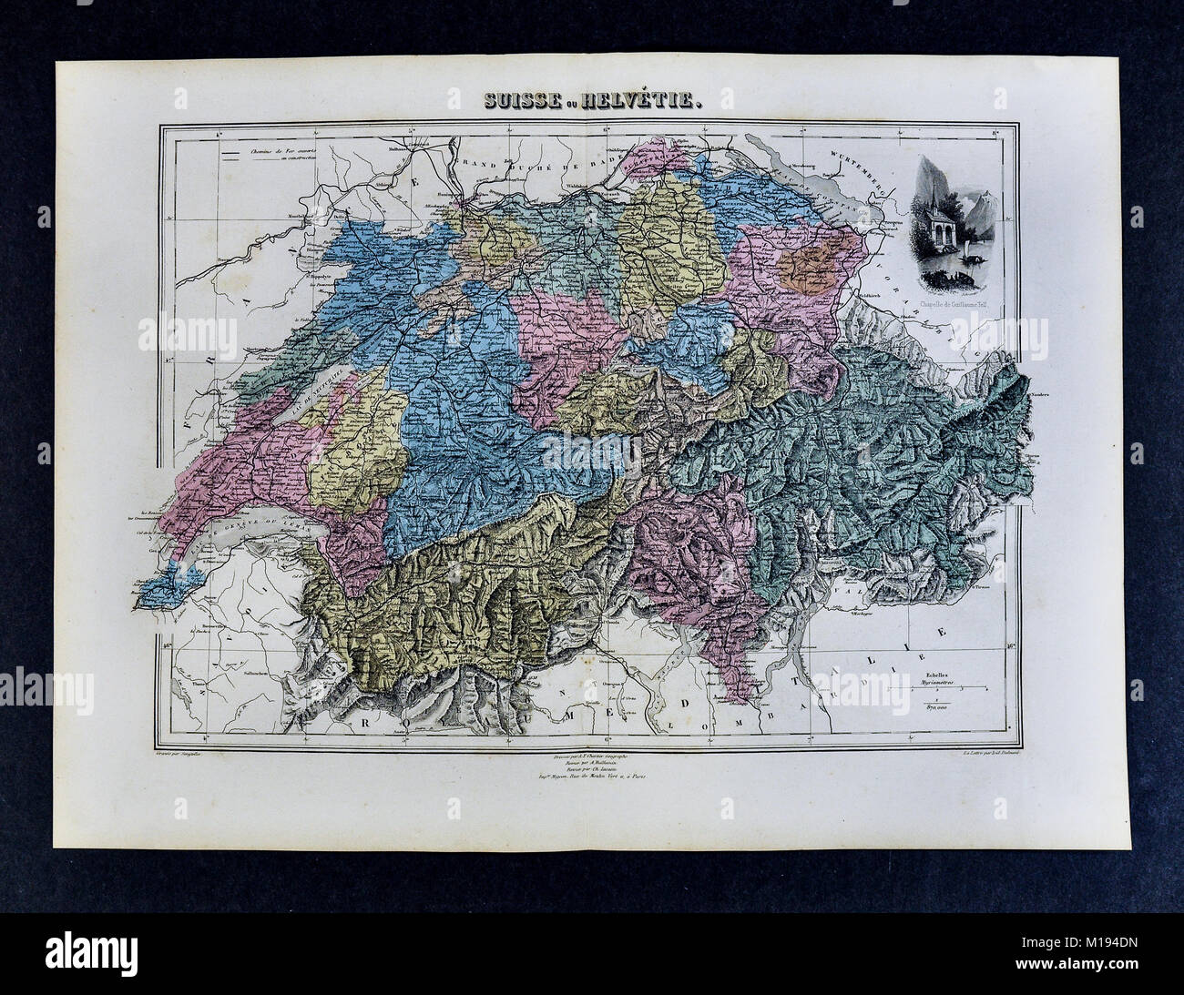 1877 Migeon mappa - Svizzera - Ginevra Zurigo Lucerna Alpi Svizzere Foto Stock