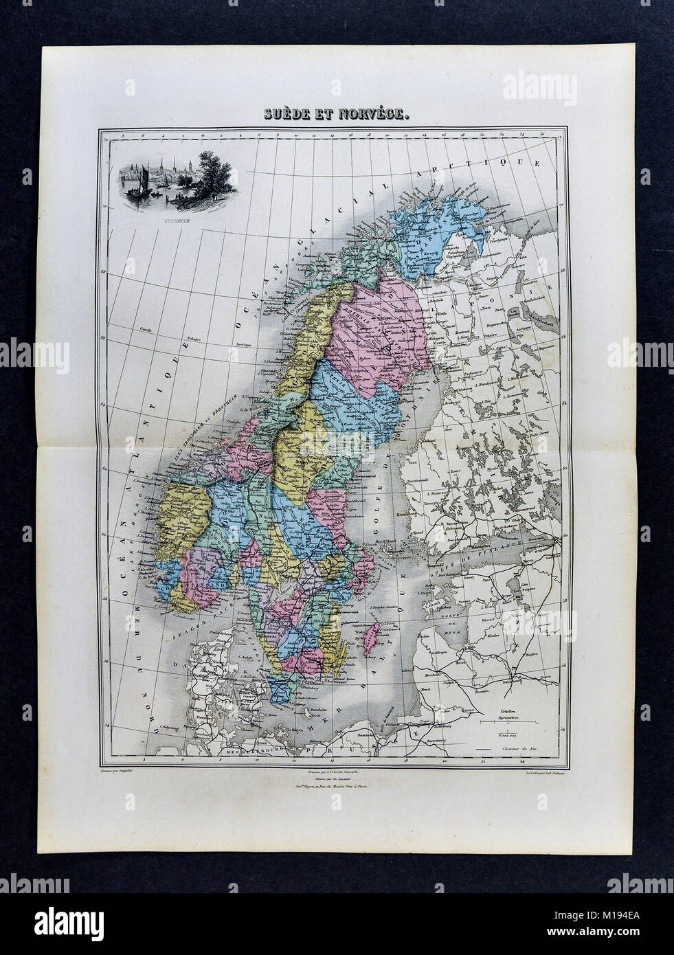 1877 Migeon Mappa - Svezia e Norvegia - Scandinavia Europa Oslo Stoccolma Christiansands Foto Stock