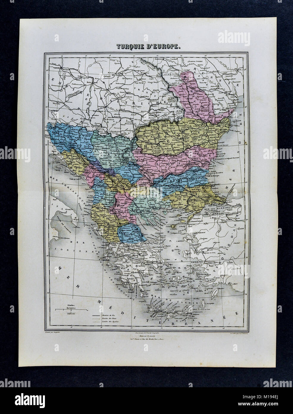 1877 Migeon mappa - Trukey in Europa - Balcani Bulgaria Romania Transilvania Serbia Macedonia Foto Stock