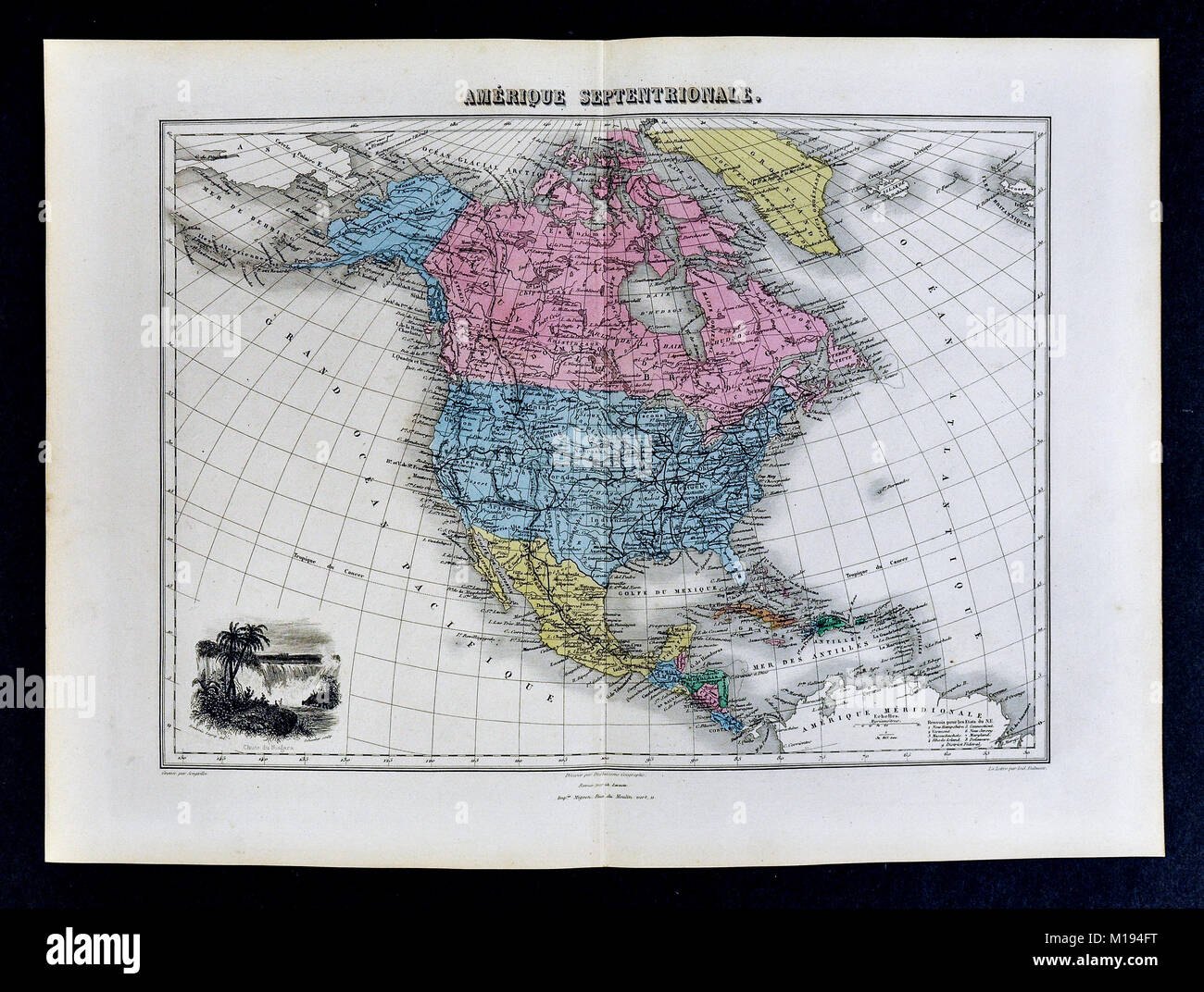 1877 Migeon Map - Nord America - Stati Uniti Canada Messico West Indies Alaska Foto Stock