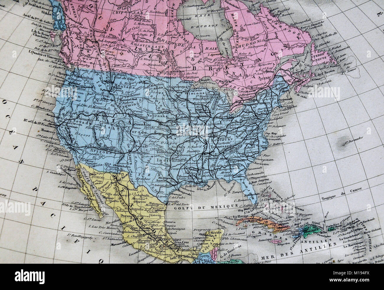 1877 Migeon Map - Nord America - Stati Uniti Canada Messico West Indies Alaska Foto Stock