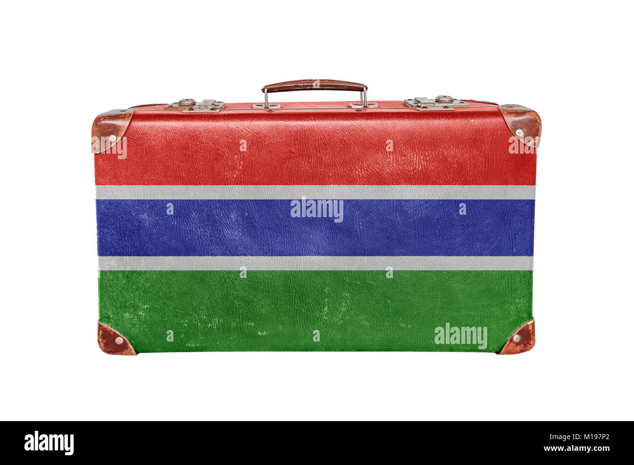 Vintage valigia con il Gambia bandiera isolati su sfondo bianco Foto Stock