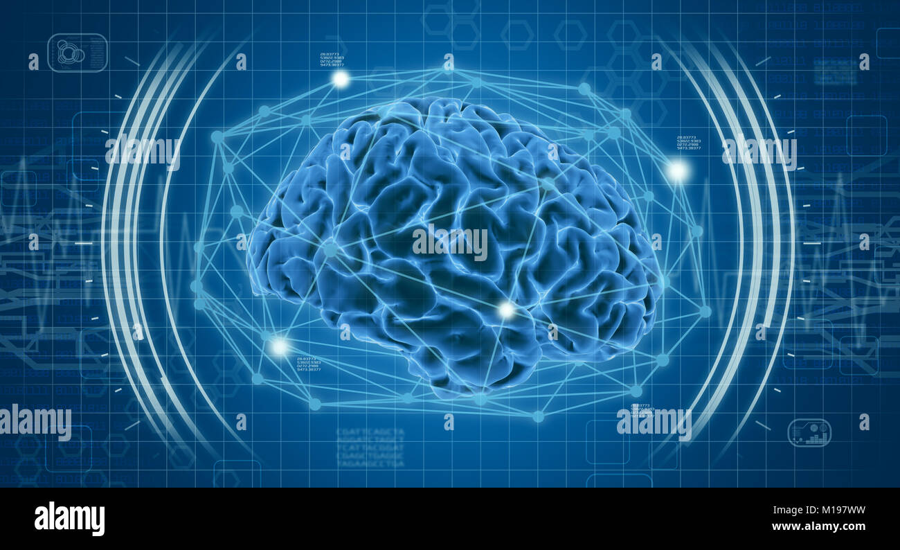 Cervello umano con interfaccia futuristico, il concetto di tecnologia medica (3d rendering) Foto Stock