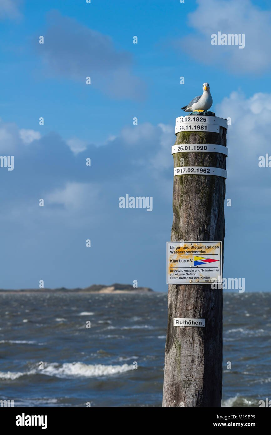 Un indicatore di inondazioni su un palo, indicando piene storiche, Mare del Nord, Utersum su Föhr, Patrimonio naturale UNESCO, Schleswig-Holstein, Germania Foto Stock