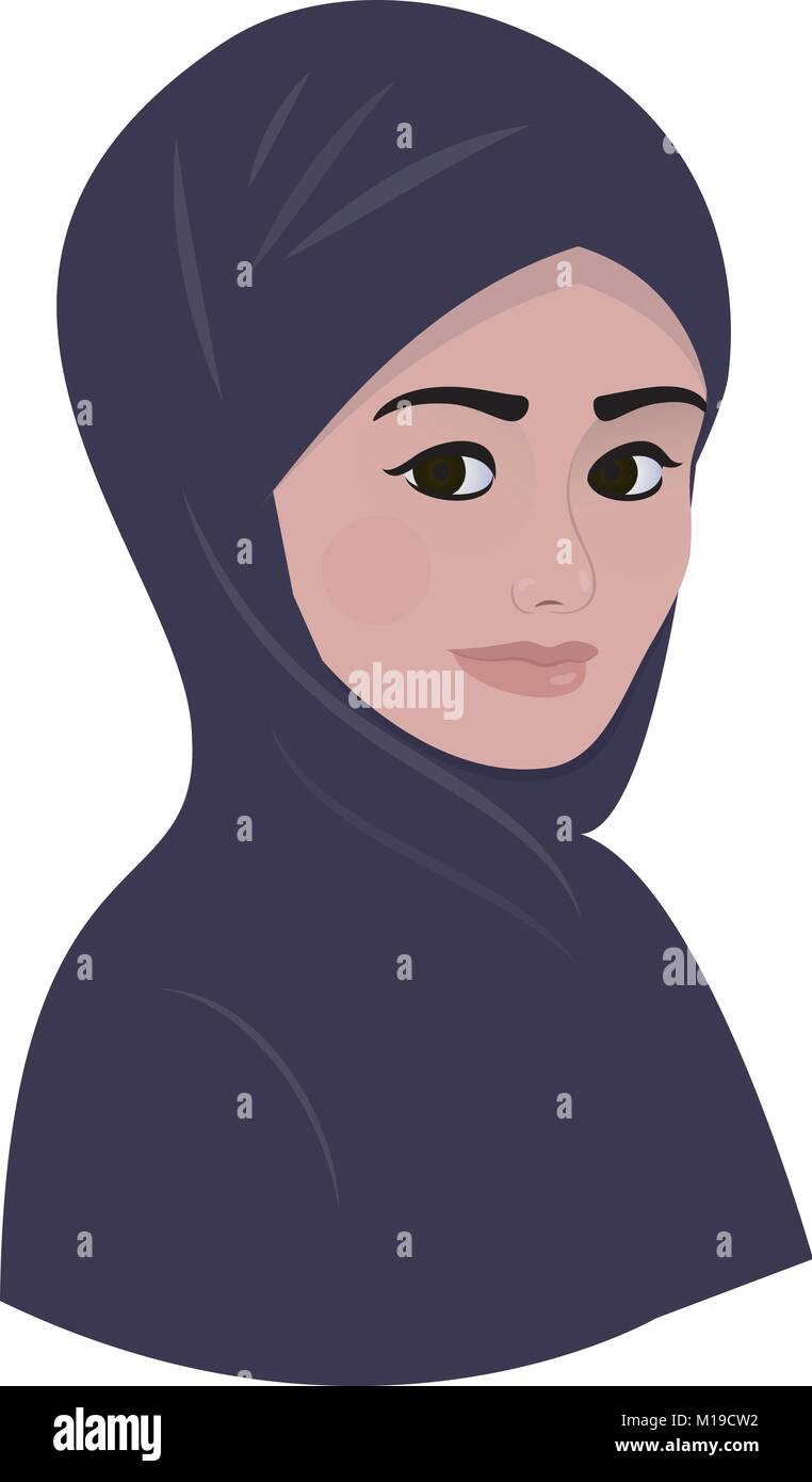Ritratto di arabo e musulmano bella donna in viola scuro hijab sciarpa. Illustrazione Vettoriale