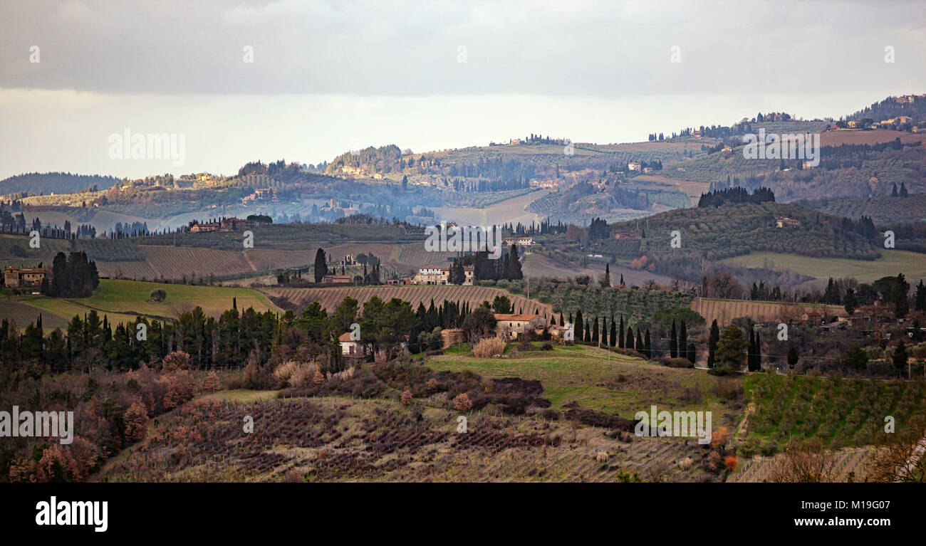 Il paesaggio toscano e strada di campagna con cipressi, alberi e palazzi antichi. Regione Toscana in Italia. Foto Stock