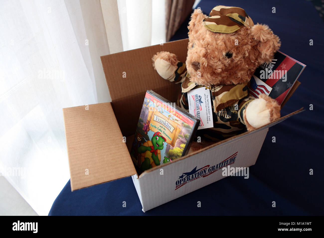 Un camuffamento-placcati Teddy bear, DVD, e altri elementi riempire un'operazione gratitudine Battaglione Buddy confezione regalo nov. 16, 2017, durante un ringraziamento apprezzamento il pranzo a forze congiunte Training Base Los Alamitos, California. I bambini di soldati distribuiti ciascuno di loro ha ricevuto un regalo durante l'evento. (Air National Guard foto di Senior Airman Crystal Housman) Foto Stock