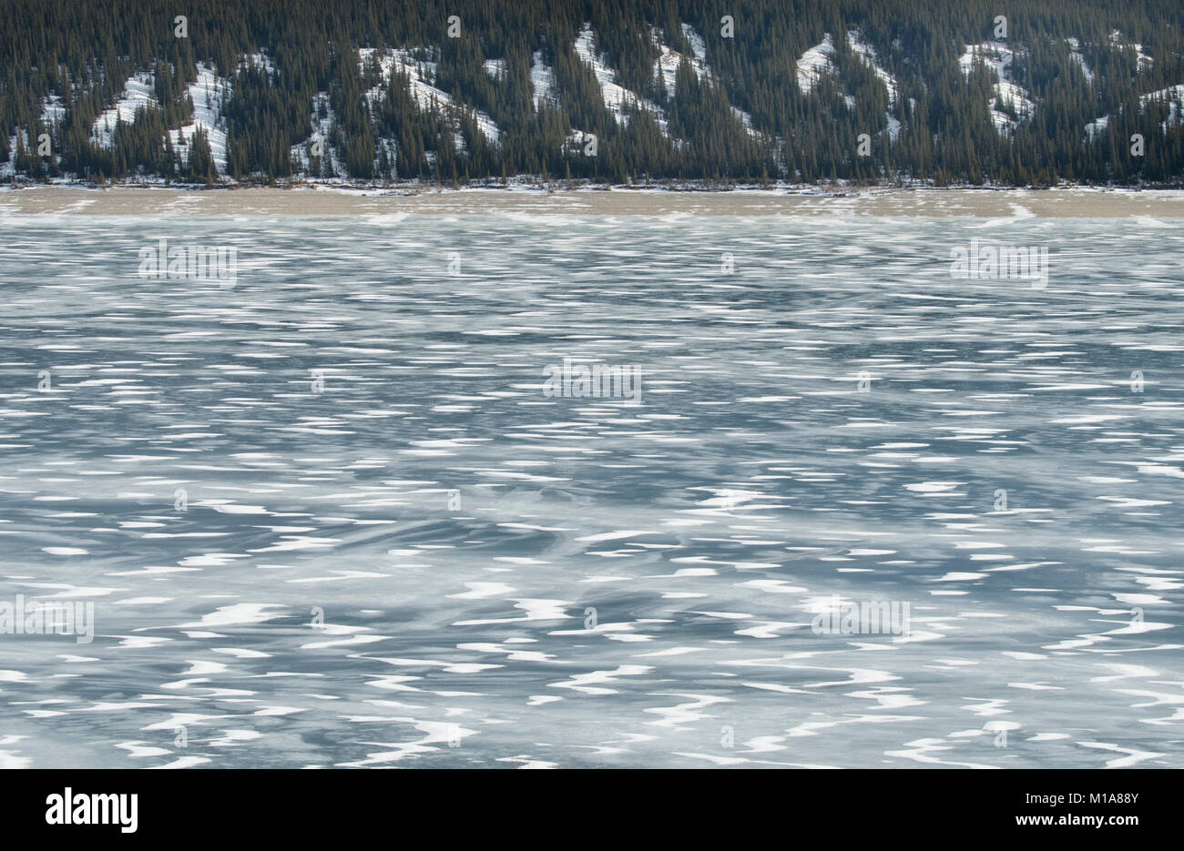 Snow Drift motivi sulla superficie congelata, Lago di Abramo, Canadian Rockies, Alberta, Canada Foto Stock