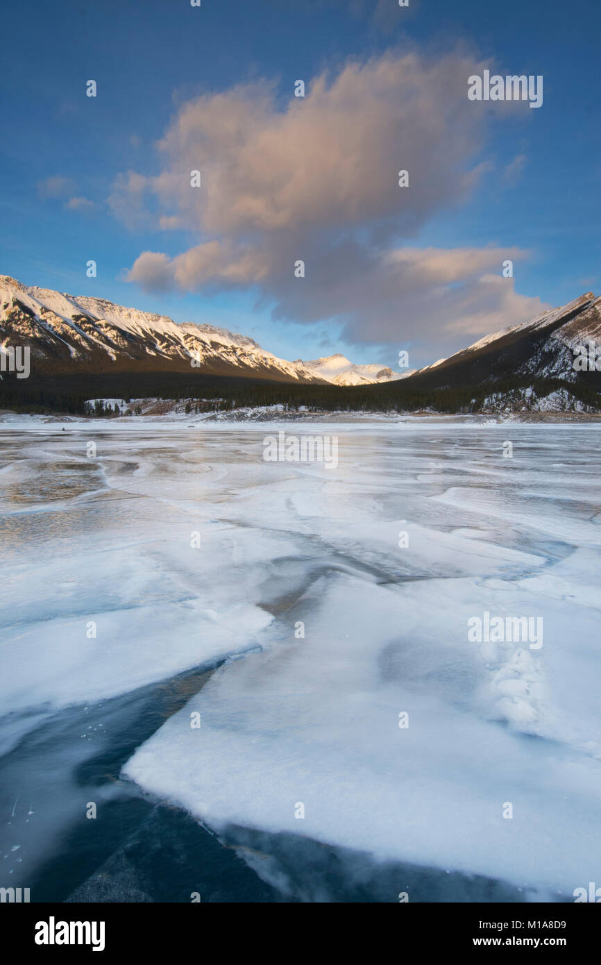 In inverno i modelli di ghiaccio, Lago di Abramo, Alberta Foto Stock