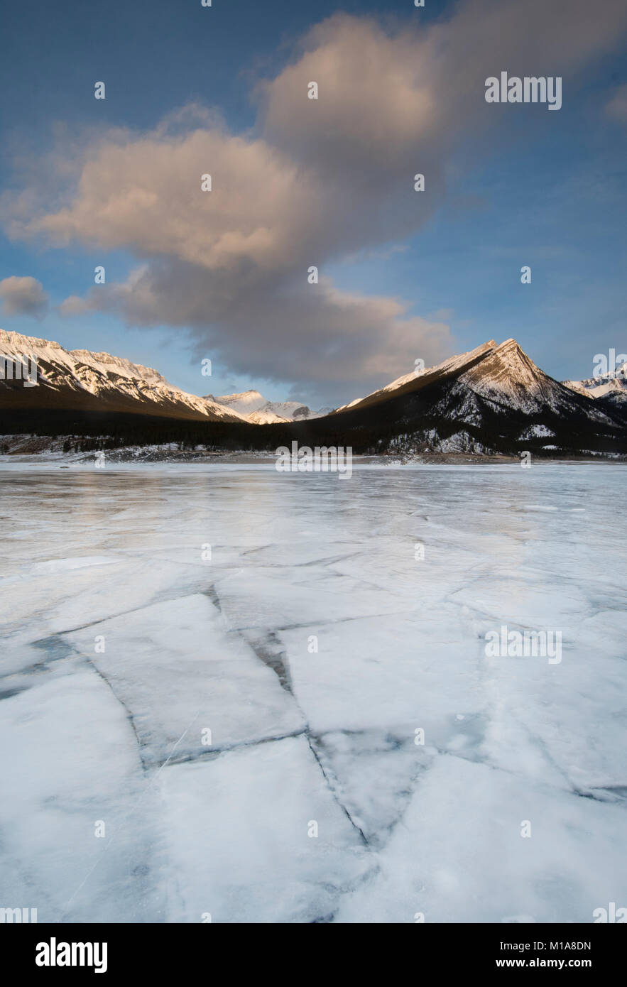 In inverno i modelli di ghiaccio, Lago di Abramo, Alberta Foto Stock