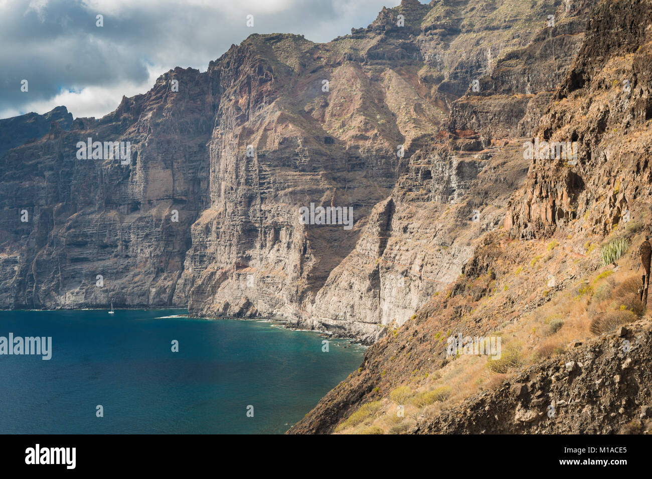 Le enormi scogliere di mafic flussi di lava tagliata da numerose dighe a Los Gigantes, Tenerife, Isole Canarie, Spagna Foto Stock