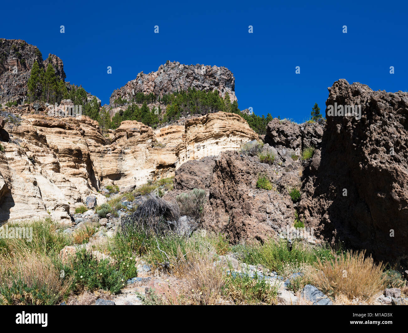 Sequenza di dark lava basaltica flussi e luce color phonolitic pyroclastics vicino Boca Tauce sul bordo della Cañadas del Teide Tenerife Foto Stock