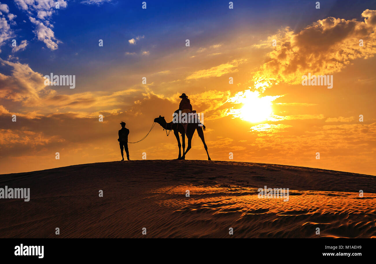 Tourist sulla silhouette di cammello sulle dune di sabbia del deserto di Thar Jaisalmer Rajasthan al tramonto con moody sky. Foto Stock