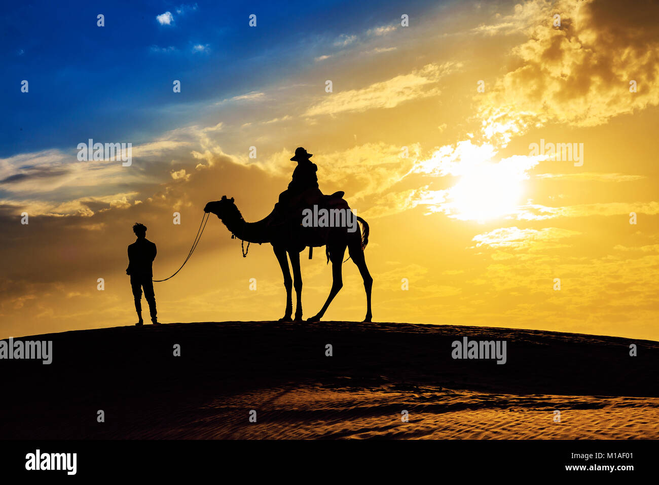 Tramonto nel deserto a Jaisalmer Rajasthan con tourist sul cammello in silhouette effetto e moody sky. Foto Stock