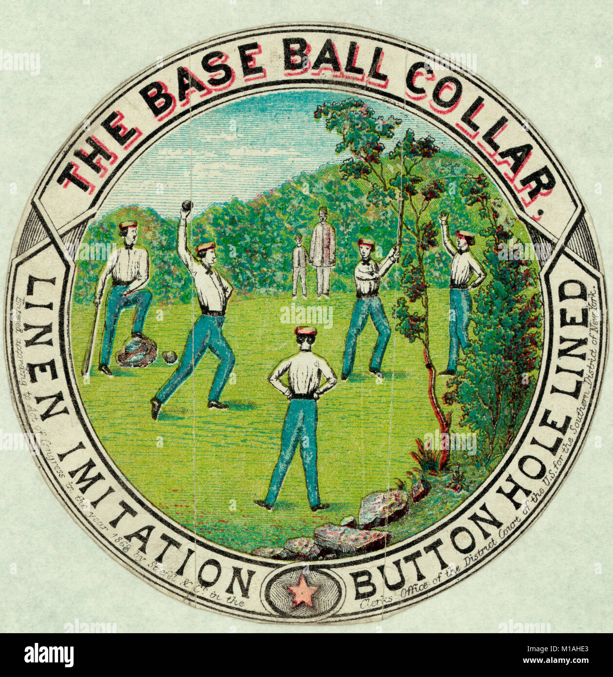 La base del collare a sfera - gli uomini indossano uniformi con collari durante la partita di baseball. Annuncio, circa 1869 Foto Stock