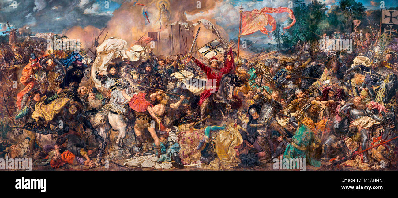 La battaglia di Grunwald - Jan Matejko 1878. La battaglia di Grunwald, prima battaglia di Tannenberg o la battaglia del Žalgiris, fu combattuta il 15 luglio 1410 durante il polacco-lituano-teutonico di guerra. Foto Stock