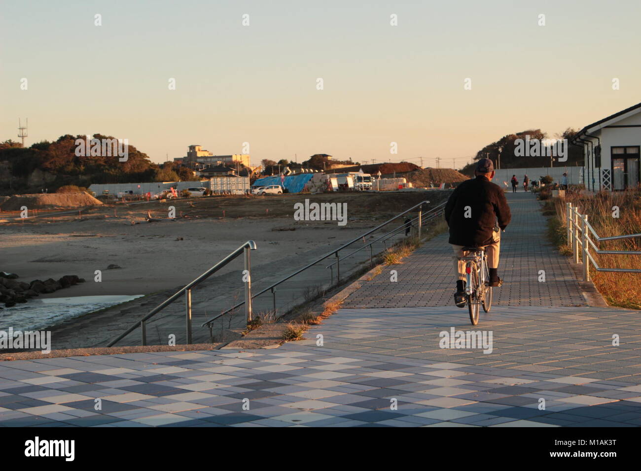 (4 novembre 2015 , Soma, Fukushima, Giappone) cittadino locale facendo una passeggiata con pet a Matsukawaura beach, Soma,città del Giappone. La spiaggia è stata chiusa per il nuoto a causa di sotto costruzione e processo di decontaminazione per 6 anni a partire dal 2011-tsunami terremoto e le sue conseguenze. Tuttavia la popolazione locale è ancora in grado di godere di ci per camminare o prendere un periodo di riposo. Soma city è la pianificazione per completare il processo di ricostruzione e la decontaminazione per riaprire la spiaggia per i turisti a partire dal 2018 in poi. Foto Stock