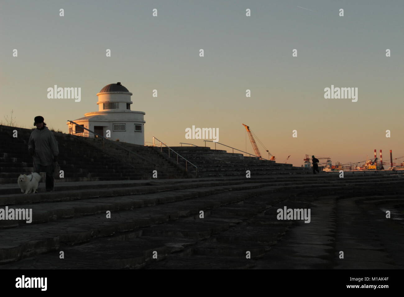 (4 novembre 2015 , Soma, Fukushima, Giappone) cittadino locale facendo una passeggiata con pet a Matsukawaura beach, Soma,città del Giappone. La spiaggia è stata chiusa per il nuoto a causa di sotto costruzione e processo di decontaminazione per 6 anni a partire dal 2011-tsunami terremoto e le sue conseguenze. Tuttavia la popolazione locale è ancora in grado di godere di ci per camminare o prendere un periodo di riposo. Soma city è la pianificazione per completare il processo di ricostruzione e la decontaminazione per riaprire la spiaggia per i turisti a partire dal 2018 in poi. Foto Stock