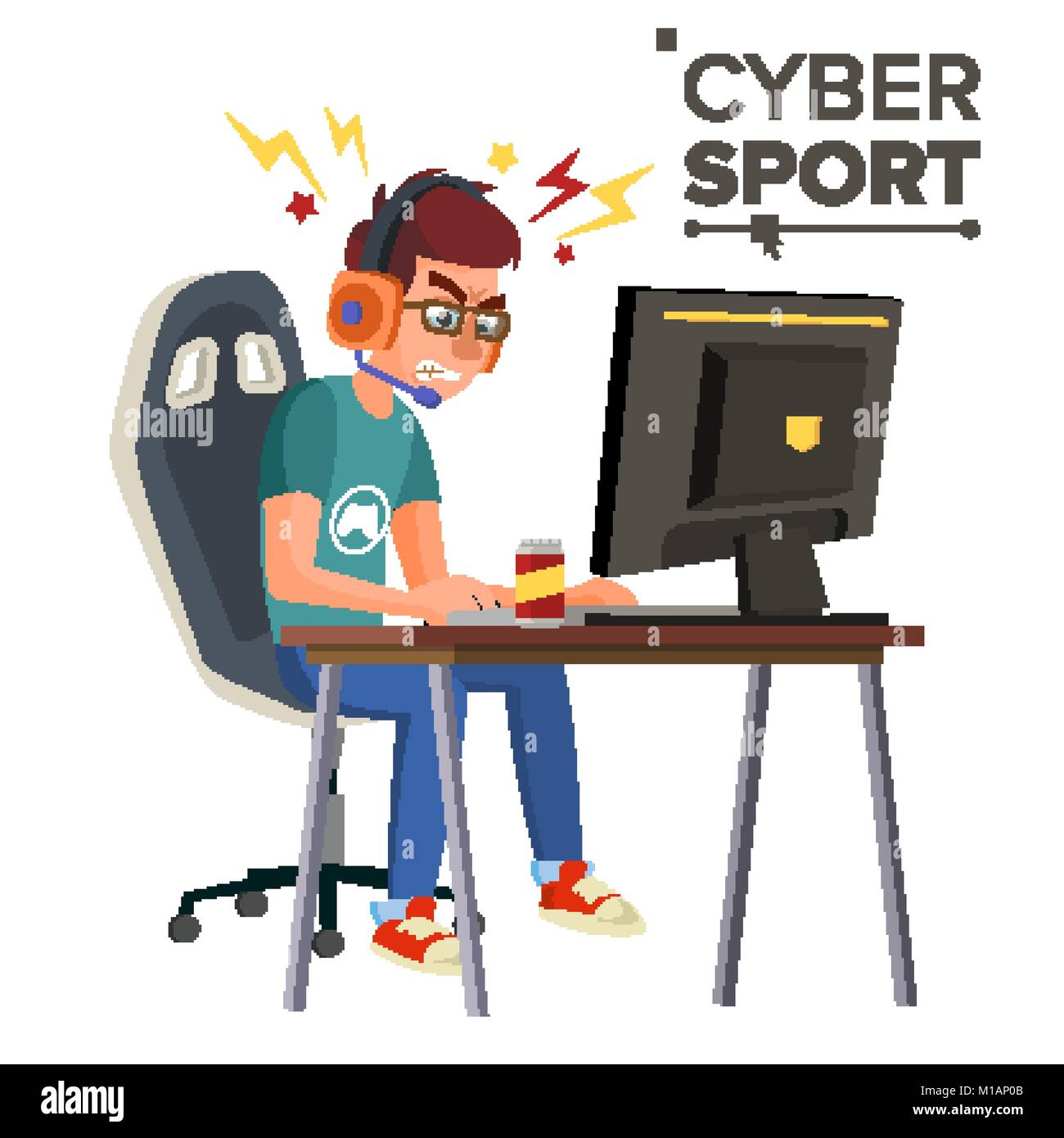 Cyber Sport Player vettore. Gioco professionale Banner di flusso. Strategia di gioco Video. La concorrenza. Cyber Games torneo. Personaggio dei fumetti illustrazione Illustrazione Vettoriale