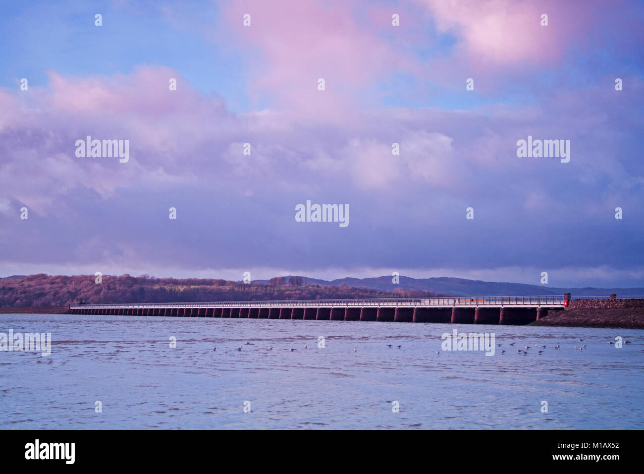 Il sole invernale porta calde sfumature di soffici nuvole sopra il Kent viadotto a Arnside, Cumbria Foto Stock