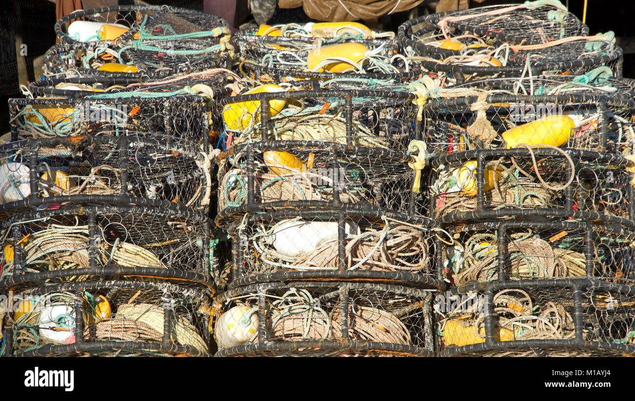 Molti granchi gabbie impilate. Crab trap sono usati per esche, esca e la cattura di granchi per fini commerciali o di uso ricreativo. Pescato granchi o attività di pesca del granchio è la recrea Foto Stock