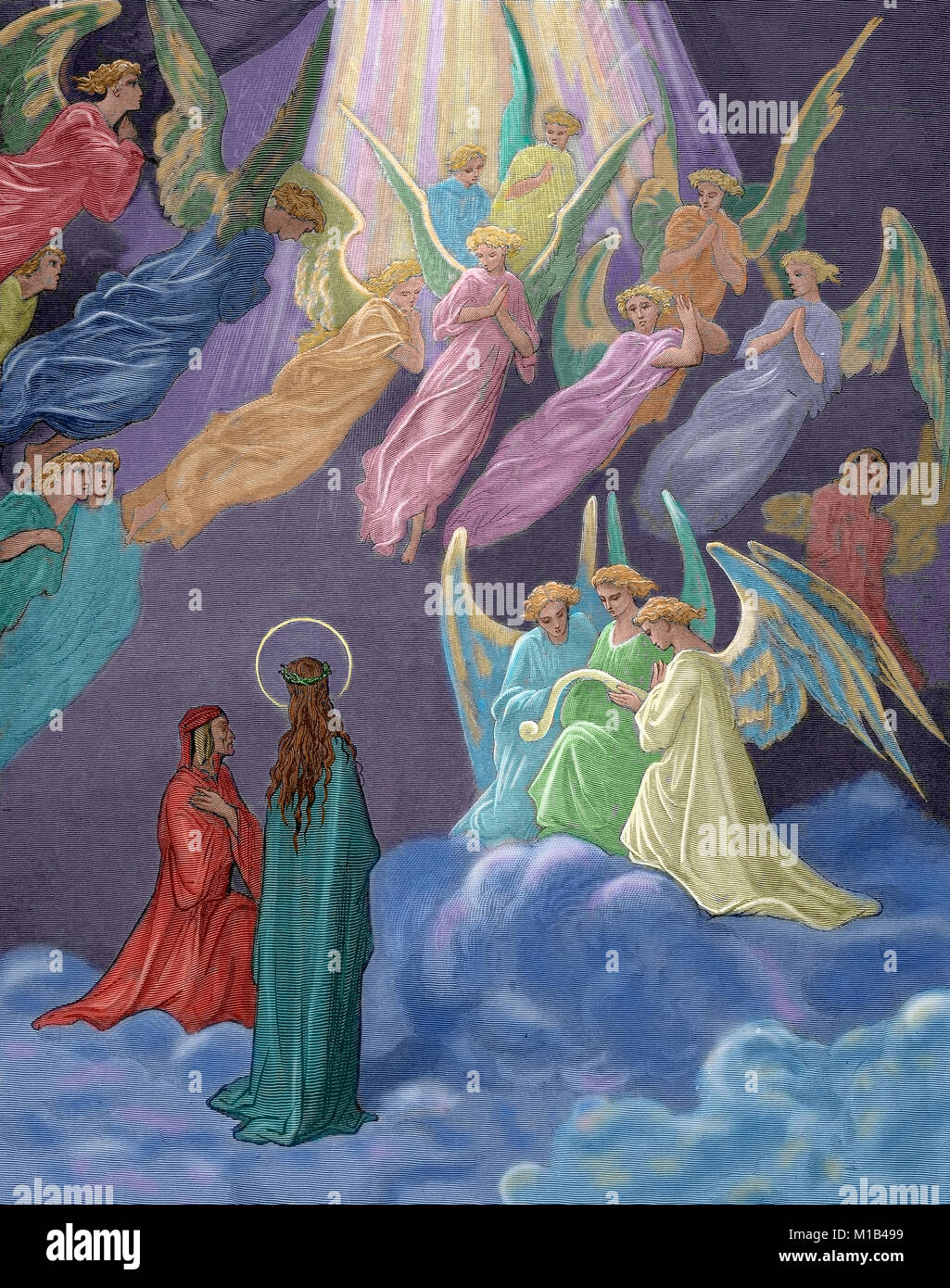 'Divina Commedia". Poema epico scritto da Dante Alighieri tra il 1308 e la sua morte in 1321. Il paradiso. XX Canto. Il luminoso anime cantare. Per tutti coloro che vivono luci, ceratura di splendore, scoppiarono in canzoni, come ad esempio dalla memoria di scivolare e cadere lontano. Incisione di Gustave Dore. Colorati. Foto Stock
