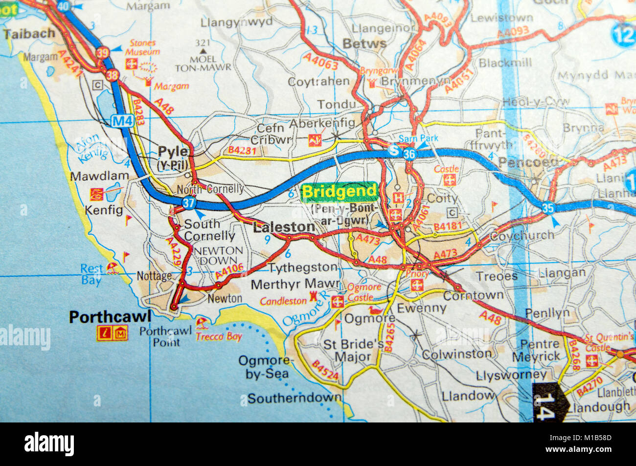 La mappa stradale di Bridgend, nel Galles. Foto Stock