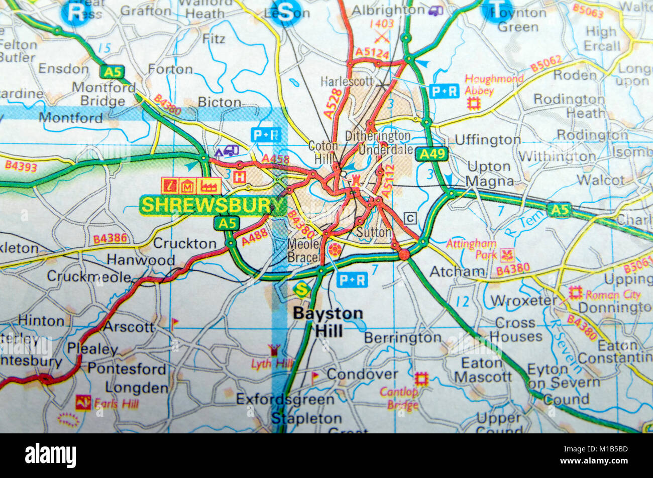 La mappa stradale di Shrewsbury, Inghilterra. Foto Stock