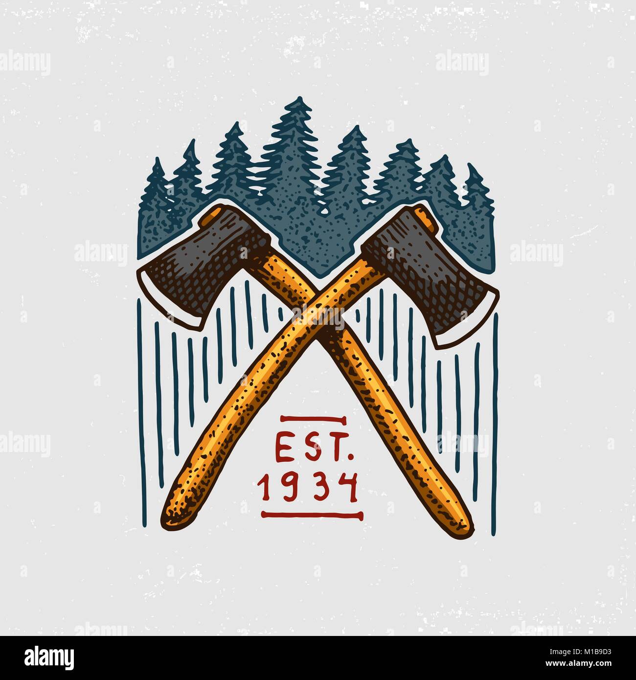 La foresta di conifere, montagne e logo in legno. camping e natura selvaggia. paesaggi con alberi di pino e colline. emblema o il badge, tenda turistico, orso bruno, viaggi per etichette vintage. incisi disegnati a mano. Illustrazione Vettoriale