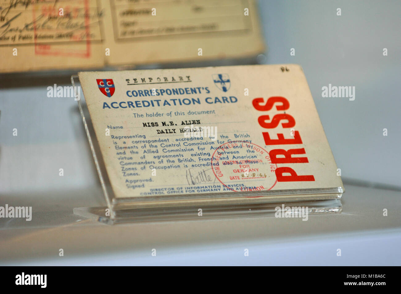 WW11 corrispondenti di guerra Accredito Stampa scheda, premere Pass, Inghilterra, Regno Unito,GB. Foto Stock