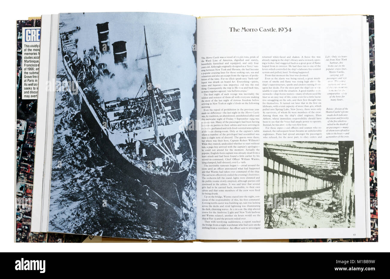 Un libro di catastrofi aperto alla pagina circa il Morro Castle crociera fire Foto Stock