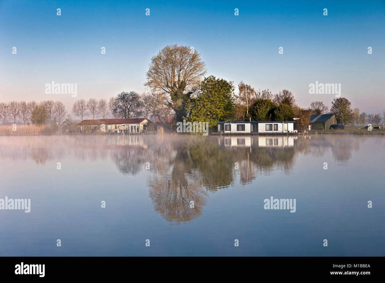I Paesi Bassi, Weesp, Houseboats nel fiume chiamato Vecht nella nebbia di mattina a sunrise. Foto Stock