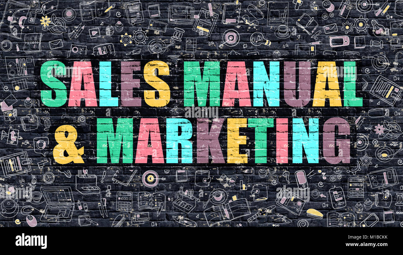 Multicolor manuale di vendita e marketing su Brickwall scuro. Foto Stock