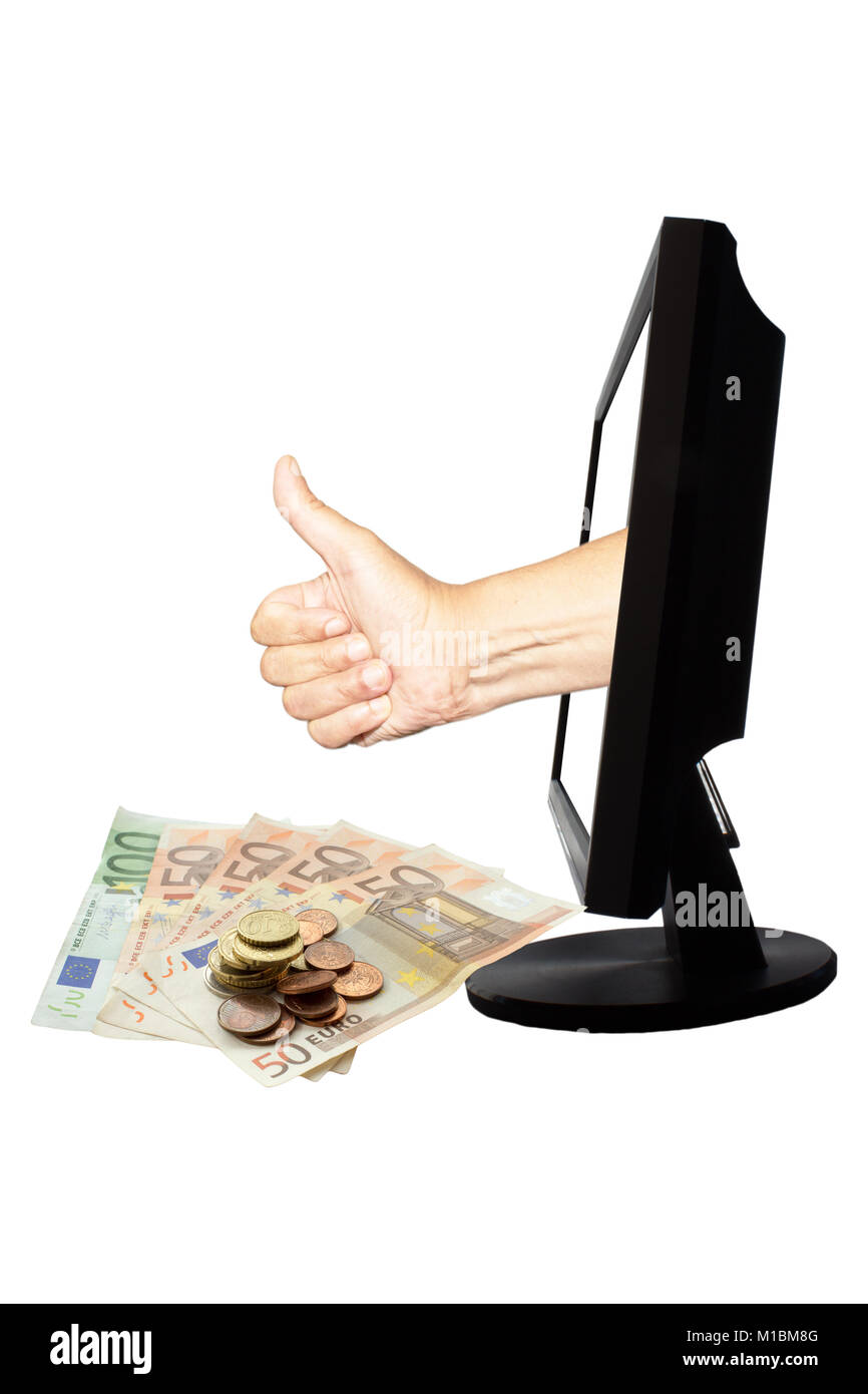 Numero virtuale uno con una sola mano in visualizza sullo sfondo bianco e verso il basso sono le banconote e le monete in euro - internet business concetto - il successo del lavoro di squadra Foto Stock