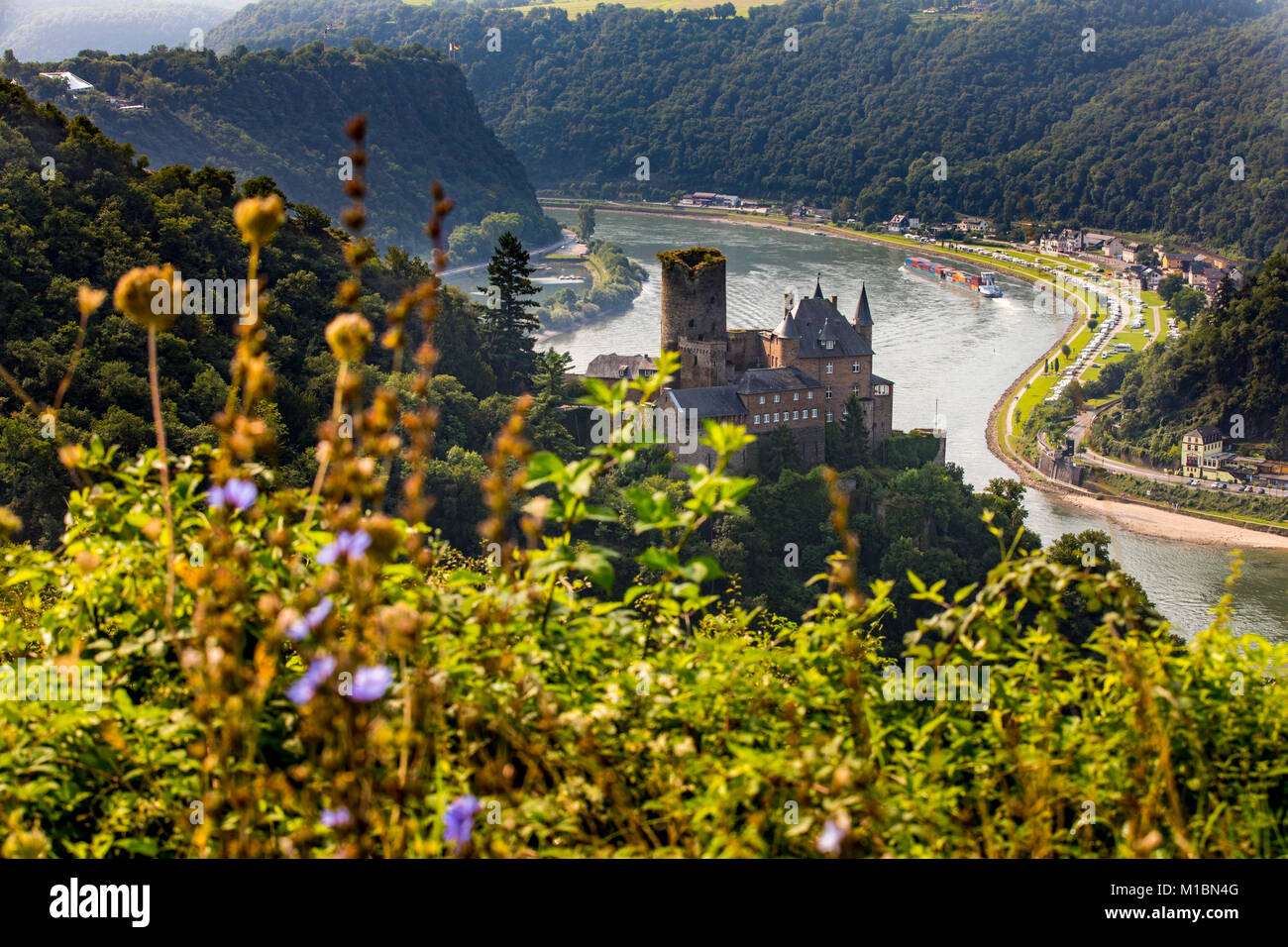 Burg Katz, al di sopra di San Goarshausen, nella Valle del Reno, merci nave, Germania Foto Stock