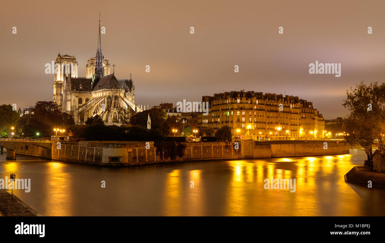 La cattedrale di Notre Dame con il fiume Senna, Vista notte, Île de la Cité, Parigi, Francia Foto Stock