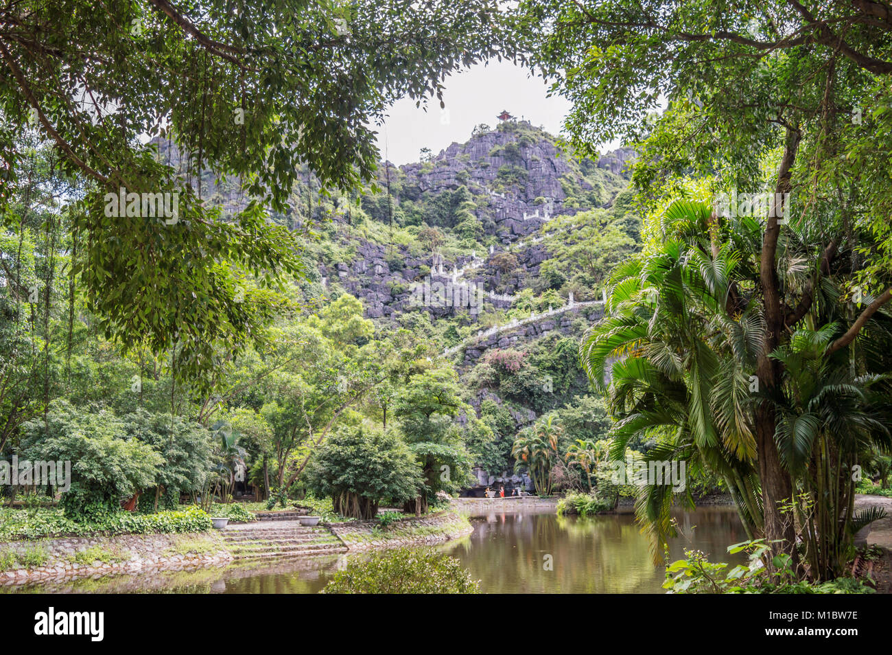 Vista su per le scale che portano alla sommità pagoda di appendere il Mua tempio, Ninh Binh, Vietnam Foto Stock