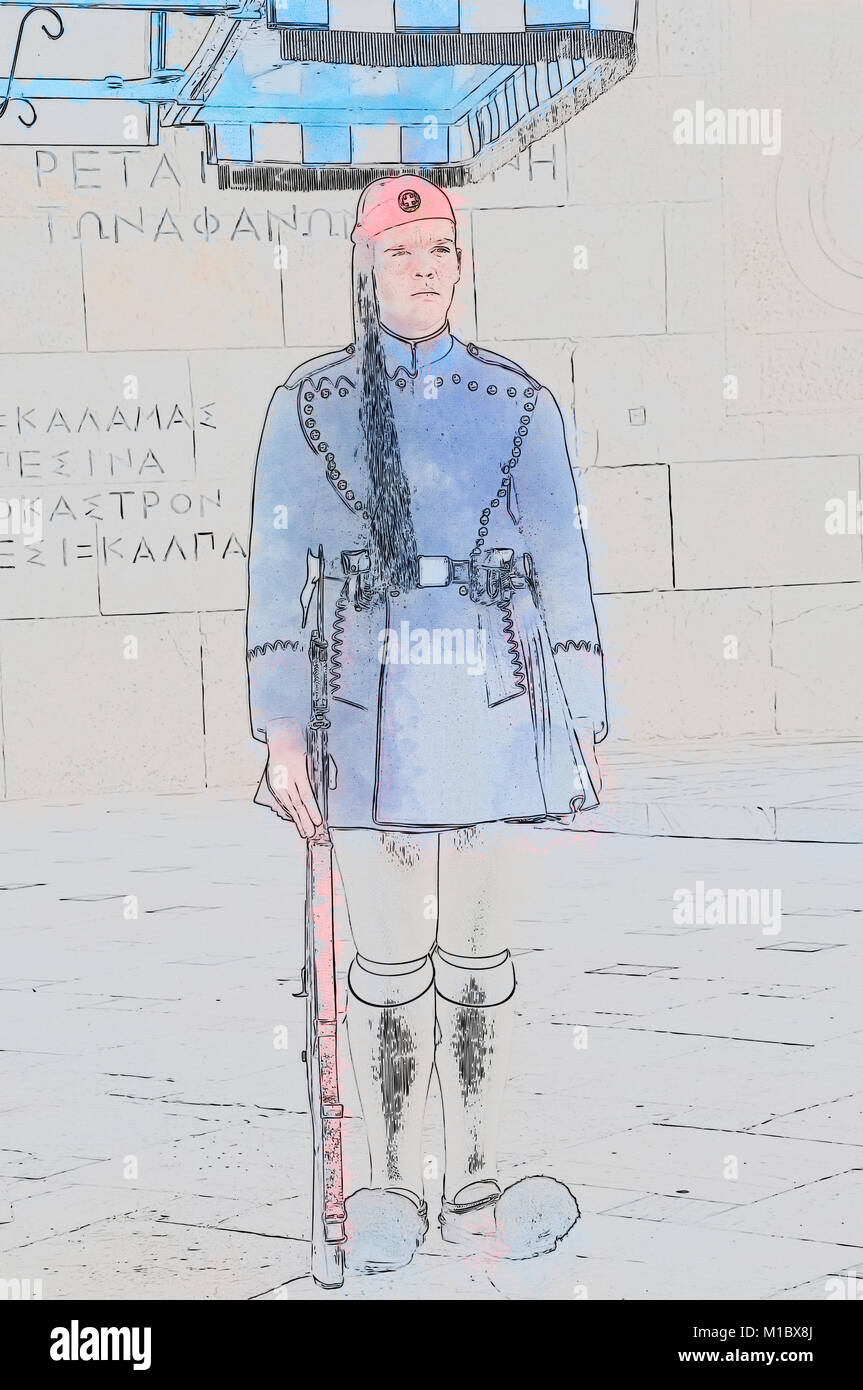 Migliorate digitalmente immagine di una guardia presidenziale in abito tradizionale presso la tomba del milite ignoto, Atene, Grecia Foto Stock